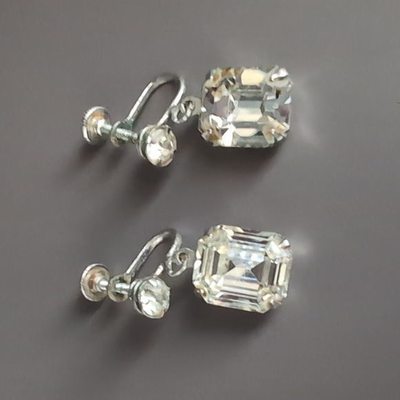 Vintage Art Deco Articulated Baguette Drop Rhinestone Earrings - Screw Backs - Picture 1 of 8